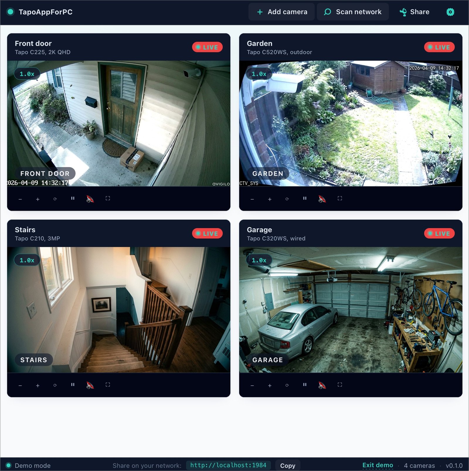 TapoAppForPC web app showing four live Tapo cameras in a 2x2 grid: front door, garden, stairs, and garage, each with live badge and per-tile controls