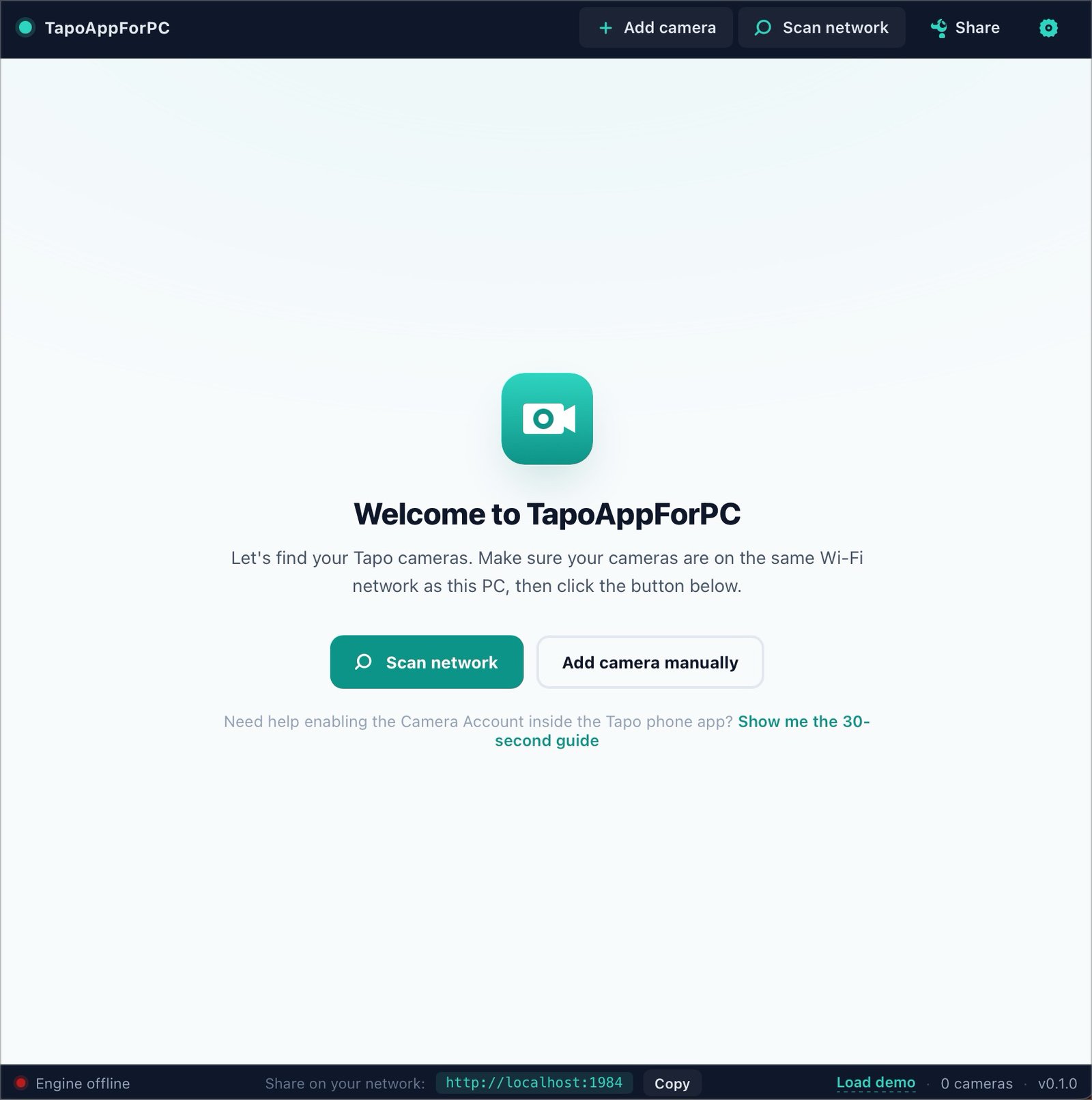 TapoAppForPC welcome screen with Scan network and Add camera manually buttons