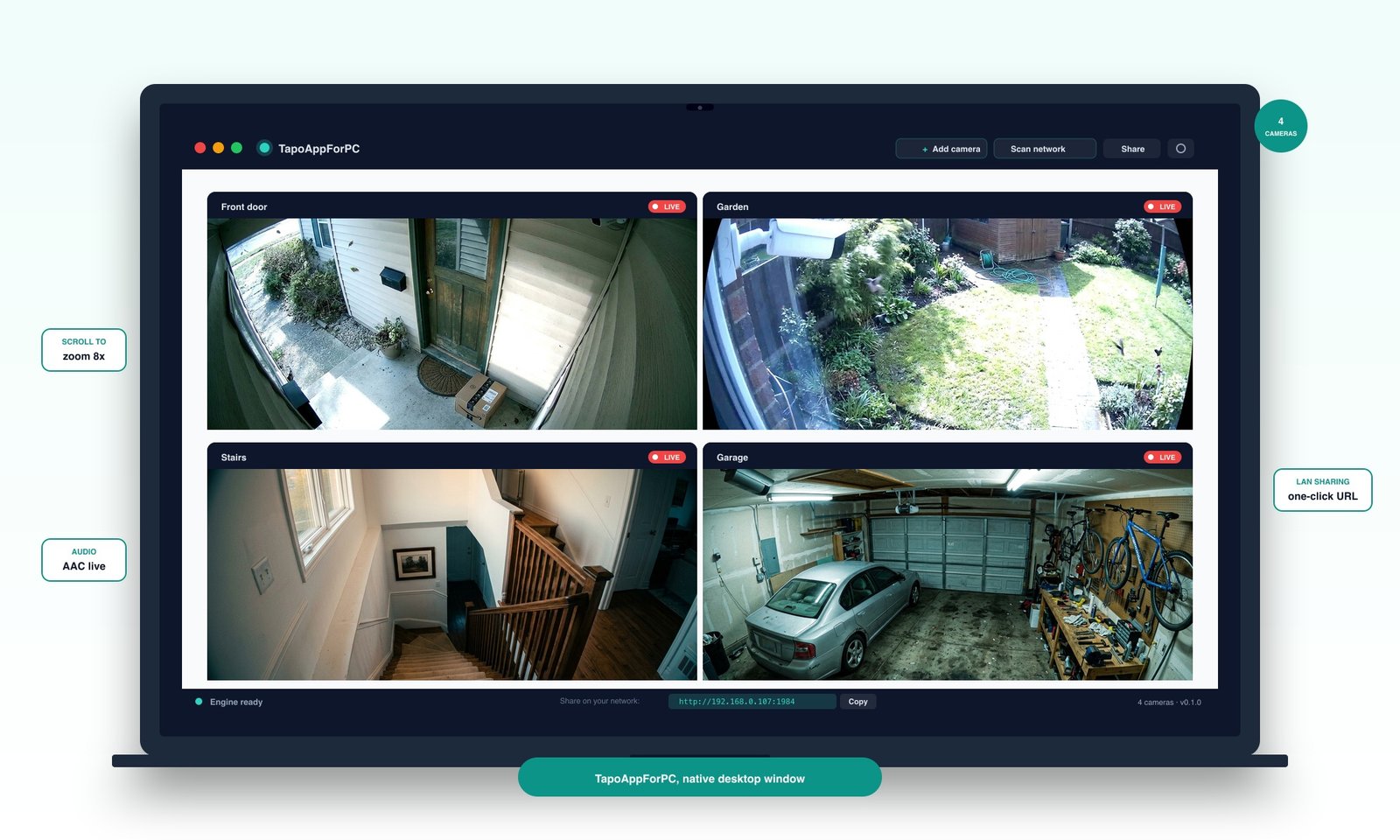 TapoAppForPC on a MacBook showing a four-camera grid with scroll-wheel zoom, AAC audio and LAN sharing
