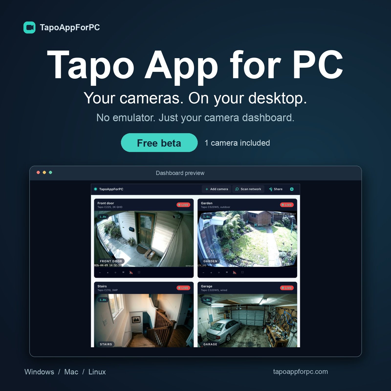 Tapo App for PC — free beta download for Windows, Mac and Linux; four-camera demo preview