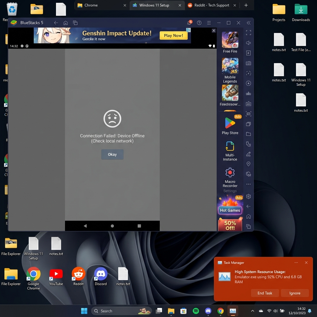 Cluttered Android emulator mockup with a stretched mobile app screen, ads, and high CPU and RAM warning panels.
