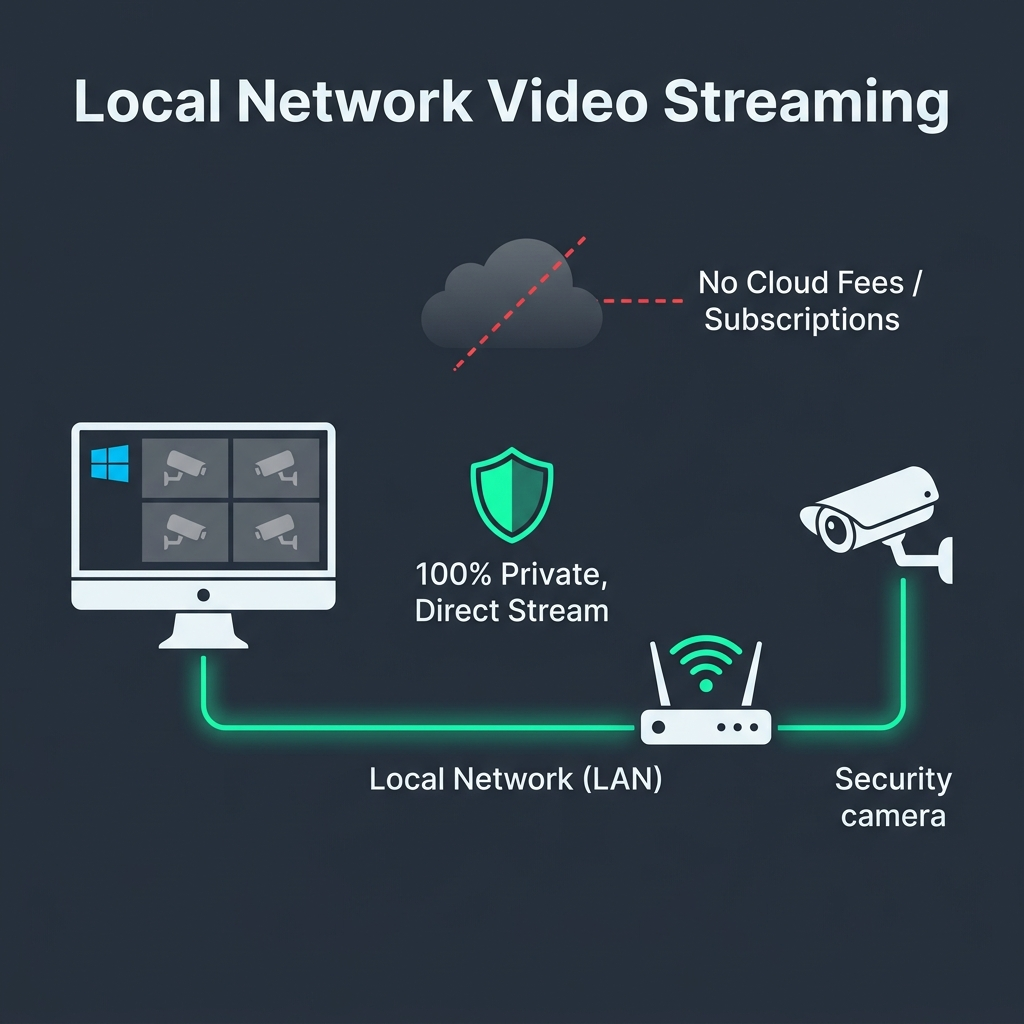 Diagram showing a Tapo camera streaming over the local home router to a Windows PC without routing video through cloud servers.