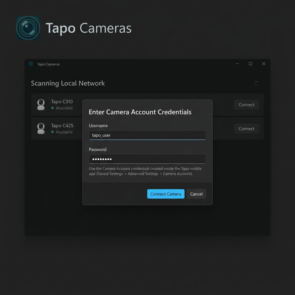 TapoAppForPC setup mockup showing a Camera Account credentials prompt after local camera discovery.