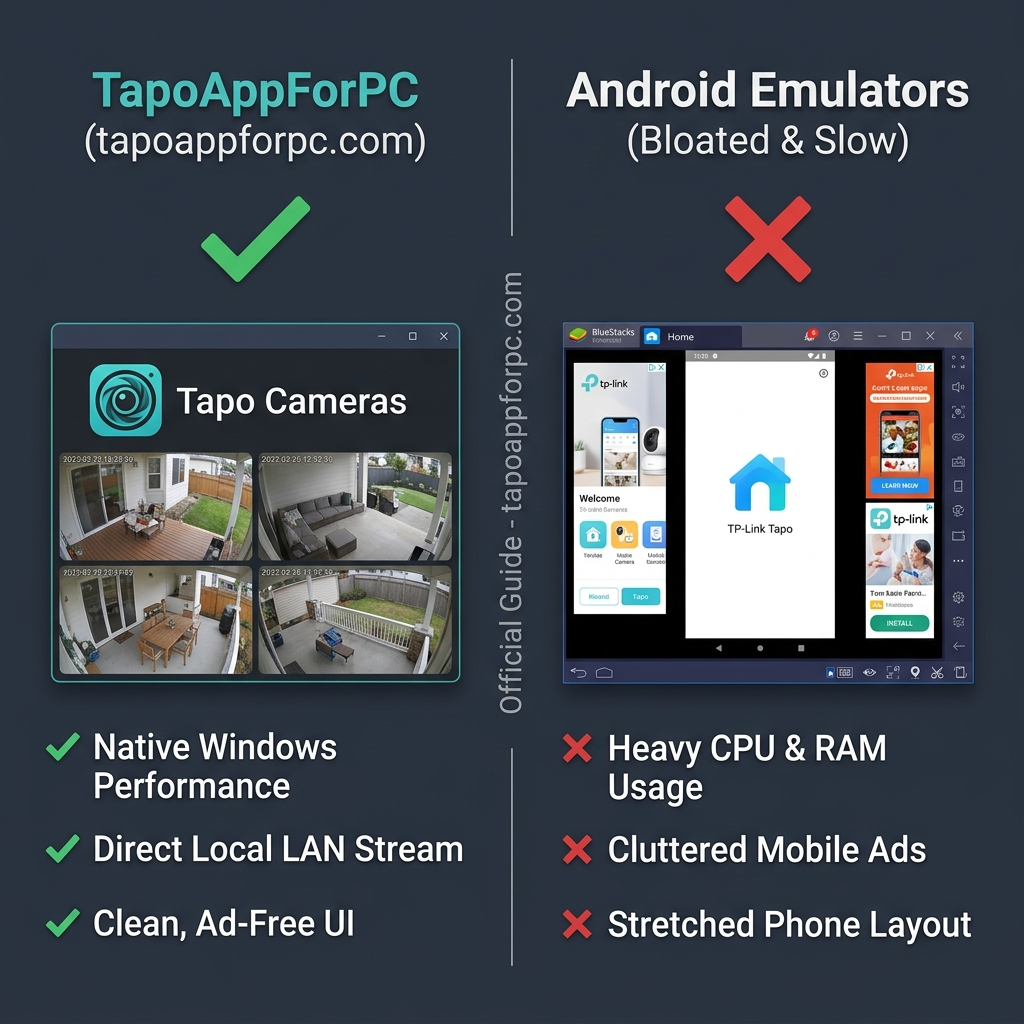 Side-by-side infographic comparing the dark-mode TapoAppForPC camera grid with a cluttered Android emulator running the Tapo mobile app.