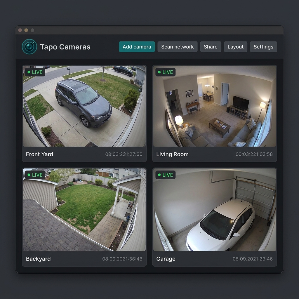 Dark-mode TapoAppForPC desktop app mockup showing the Tapo Cameras header and a two-by-two grid of home security camera feeds.