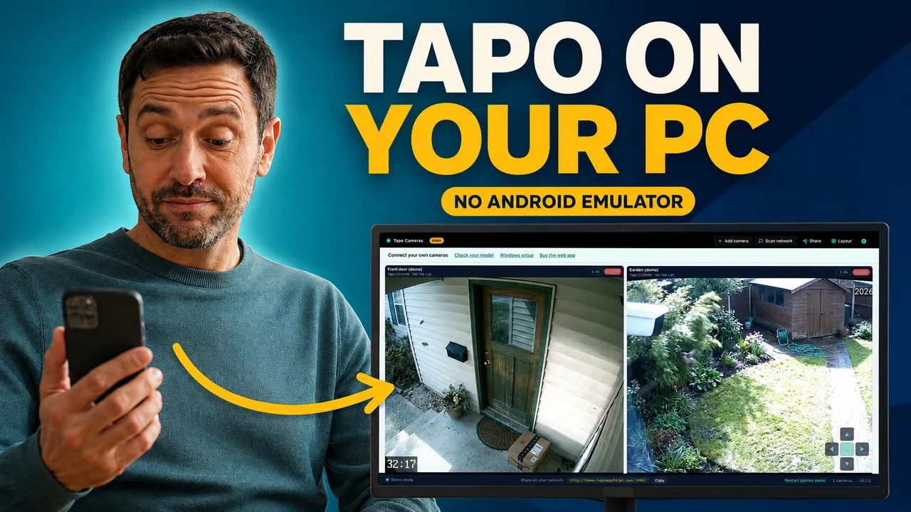TapoAppForPC video preview with camera views on a computer beside a phone